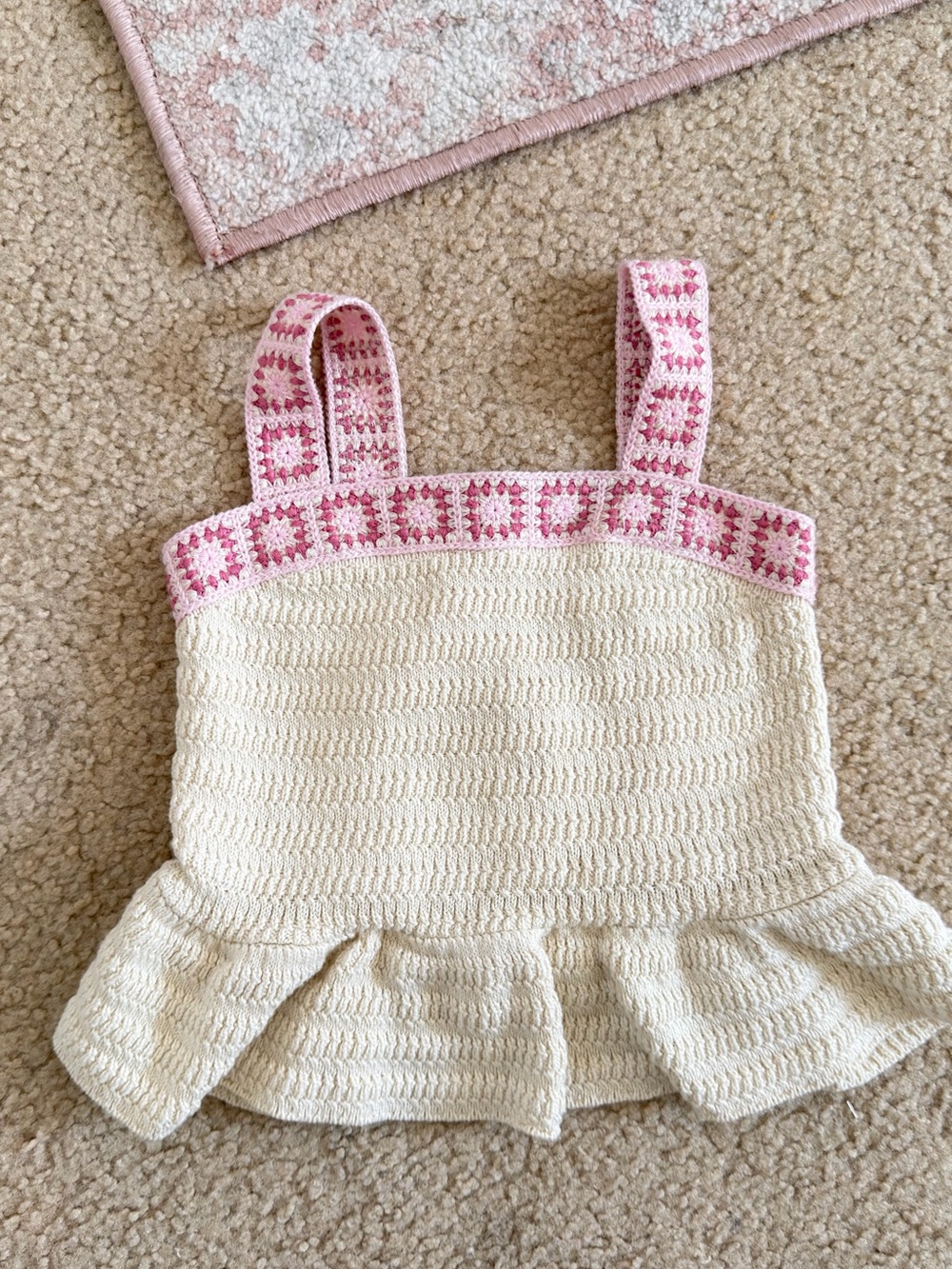 Janie and Jack Crocheted Cream Peplum Tank with Pink Embroidered Straps
